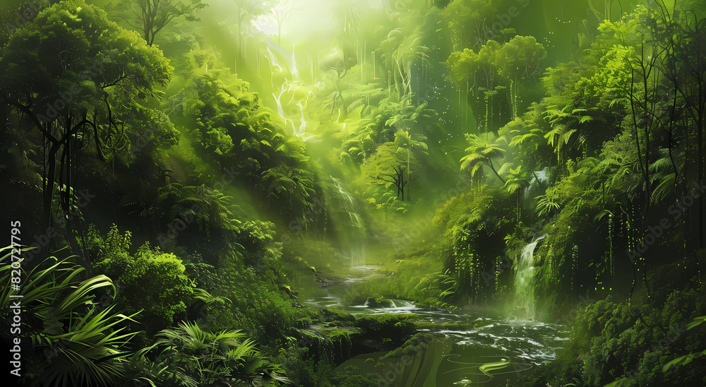 A dense jungle with lush green foliage