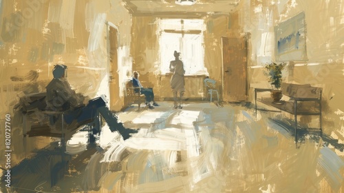 Impressionism of a therapy session in a hospital, depicted with soft brush strokes and a gentle, warmtoned color scheme photo