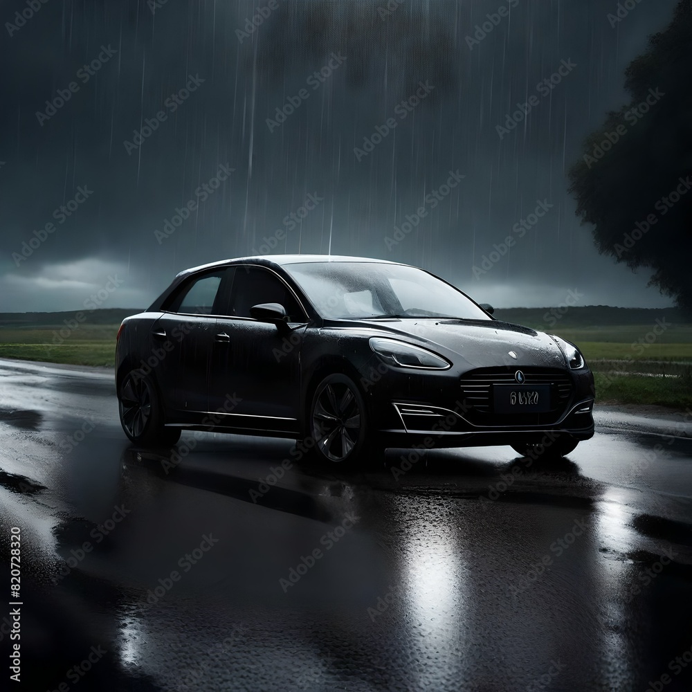 Describe the scene of a black car parked on a deserted road on a rainy morning.