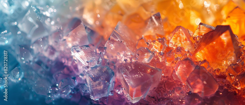 Detailed texture of magnified crystalline structures with vivid colors and intricate patterns. photo