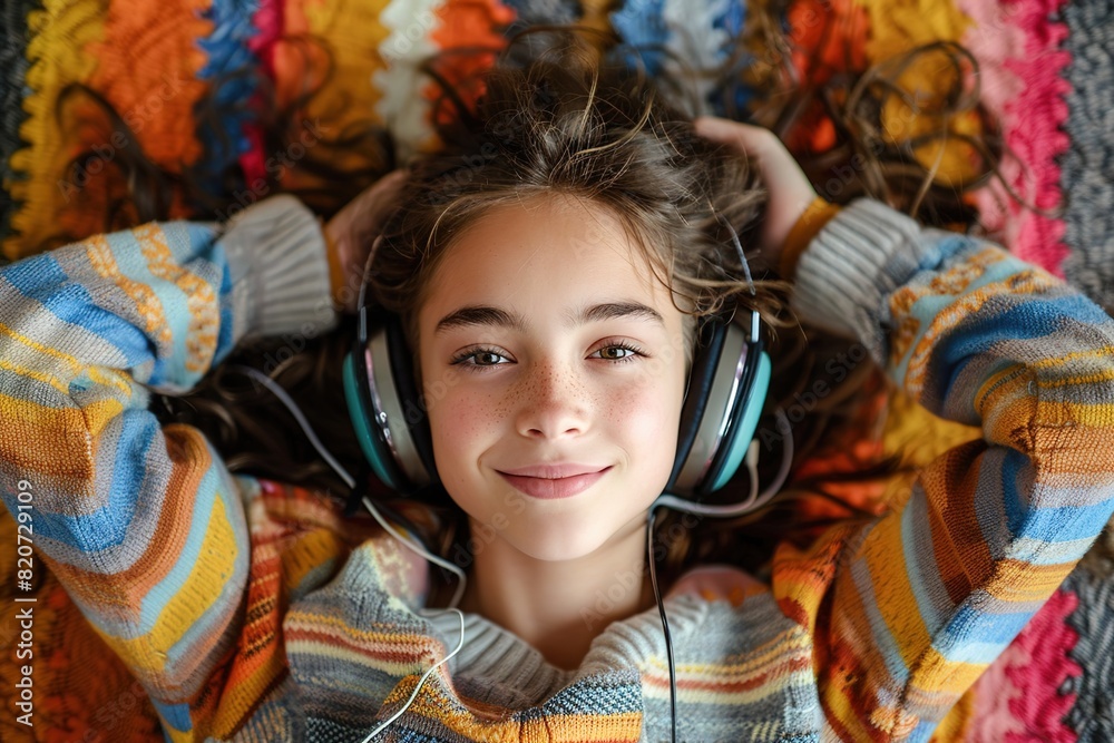 caucasian teen girl in sweater lying on a colorful carpet smiling and listen music with big headphones top view
