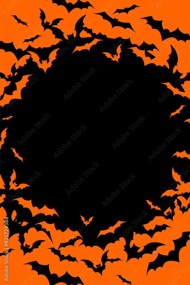 Vertical Halloween banner with black bats on the orange background. Illustration with text.
Vertical Halloween banner with black bats on the orange background. Illustration with text.