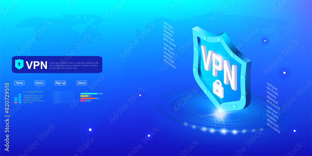 VPN concept banner. Futuristic shield with a hologram and VPN inscription. Protection and security of digital data. Cybersecurity of virtual data. VPN logo. Virtual network blocking VPN concept banner. Futuristic shield with a hologram and VPN inscription. Protection and security of digital data. Cybersecurity of virtual data. VPN logo. Virtual network blocking