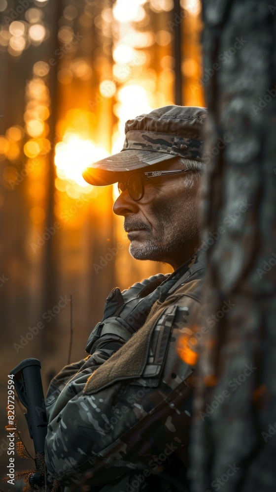 A man in camouflage gear stands in front of a tree, looking at the sun A man in camouflage gear stands in front of a tree, looking at the sun