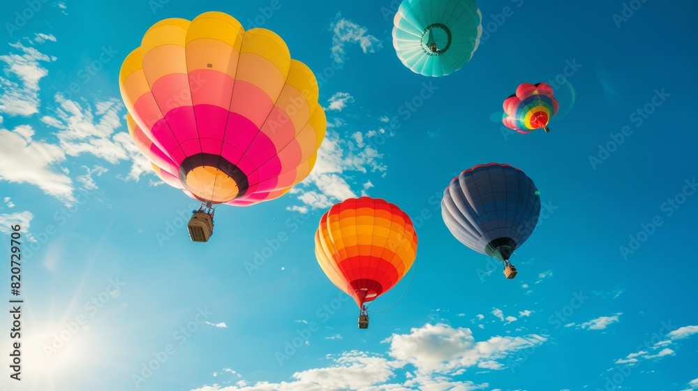 Fototapeta premium Vibrant balloons in various colors ascending, set against a bright blue sky, evoking a paradise atmosphere, seen from beneath