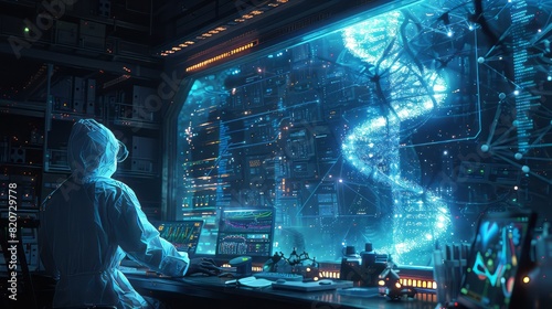 Scientist in futuristic lab analyzing digital DNA helix hologram, concept of biotechnology, genetic engineering, and advanced scientific research. photo