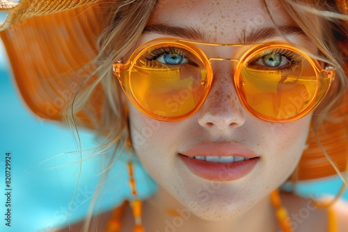 Bright Summer Vibes: Woman in Orange Sunglasses and Hat by Pool - Perfect for Travel and Vacation Themes photo