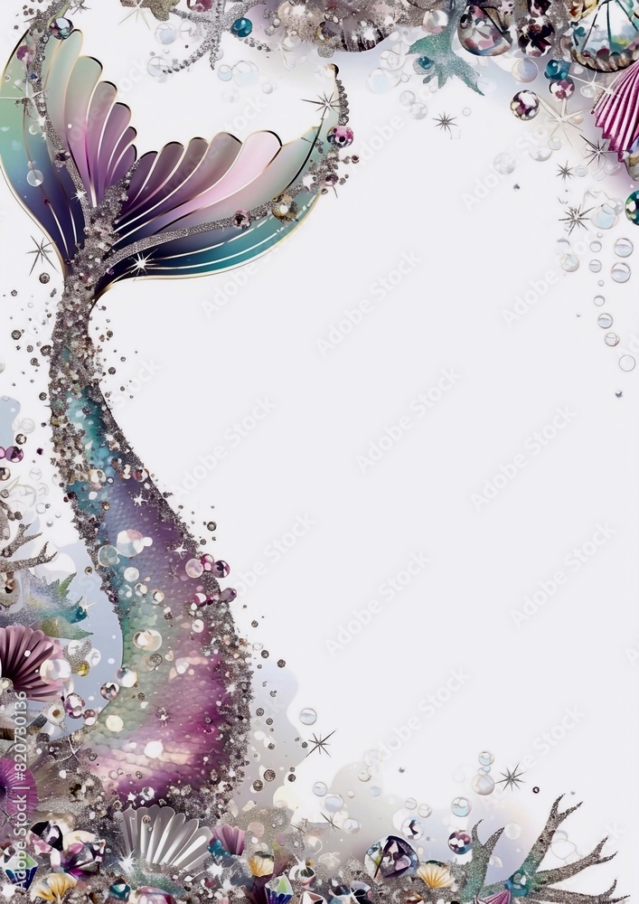 invitation card featuring a charming CUTE GLITTER RAINBOW little mermaid's tail under the sea with