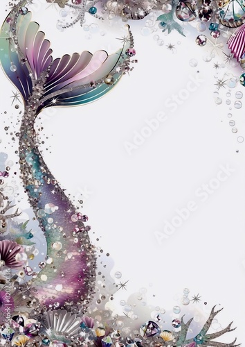 Obraz na płótnie invitation card featuring a charming CUTE GLITTER RAINBOW little mermaid's tail under the sea with w salonie