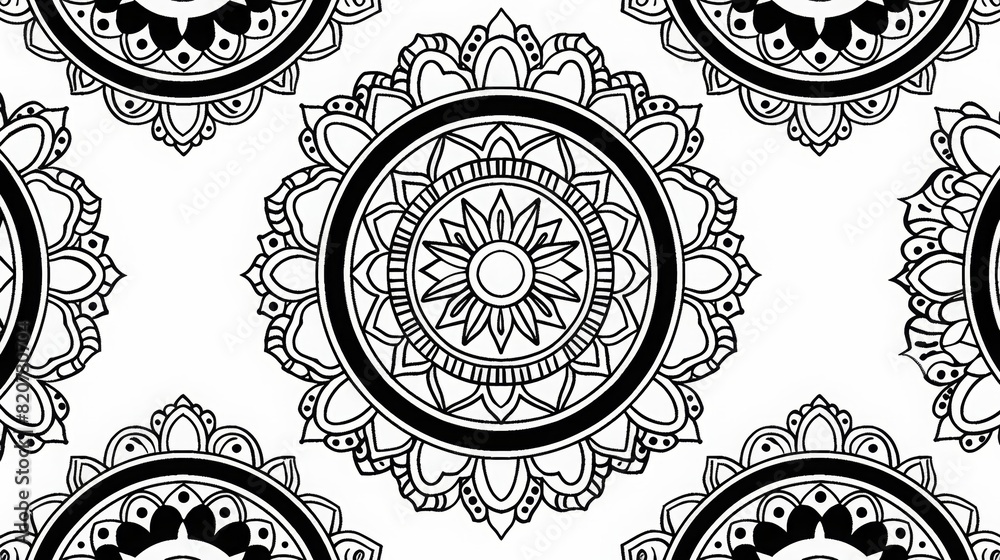 simple PATTERN OF rounded MANDALA, BLACK AND WHITE, ON A WHITE BACKGROUND