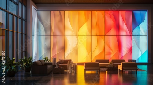 A drawing room with a wall of abstract, backlit panels that change colors throughout the day