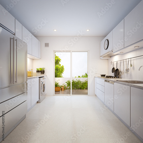 Cabinet of modern kitchen in contemporary house. Home interior 3d rendering with white tile floor.
