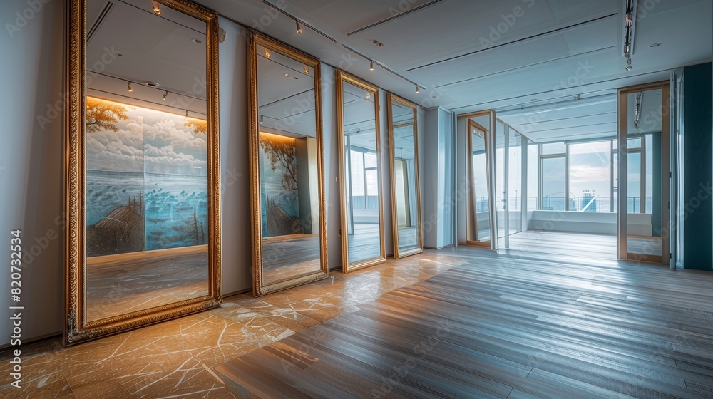 A drawing room with a wall of oversized, framed mirrors that visually expand the space A drawing room with a wall of oversized, framed mirrors that visually expand the space