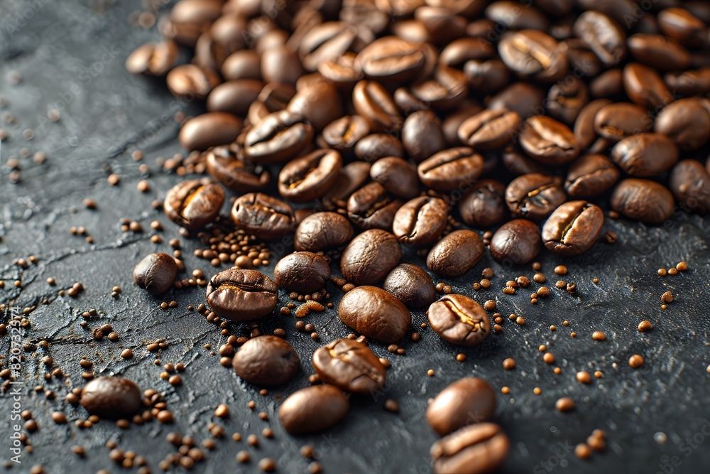 Close-Up of Coffee Beans and Ground Coffee on Dark Slate Surface - Ideal for Cafe Menus, Coffee Advertisements, and Kitchen Decor Close-Up of Coffee Beans and Ground Coffee on Dark Slate Surface - Ideal for Cafe Menus, Coffee Advertisements, and Kitchen Decor