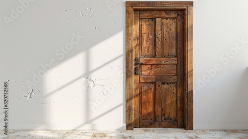 Closed wooden door of the house with white walls in an old classic vintage retro style. Generative ai