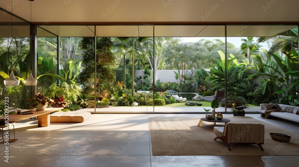 A drawing room with a wall of floor-to-ceiling windows overlooking a lush, landscaped courtyard A drawing room with a wall of floor-to-ceiling windows overlooking a lush, landscaped courtyard