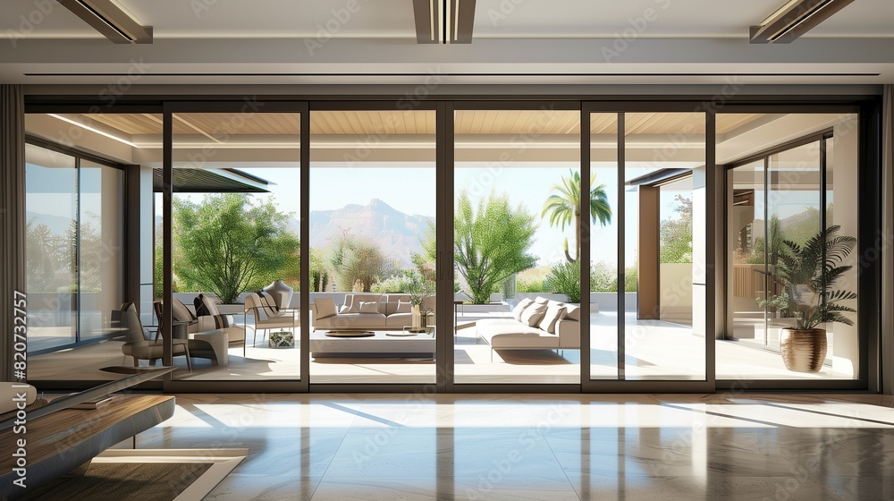 Fototapeta premium A drawing room with a wall of sliding glass doors that seamlessly connect to an outdoor terrace