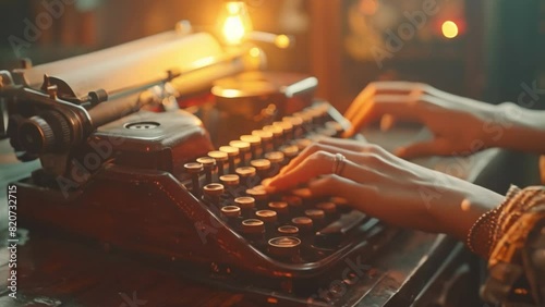 Close-up of hand typing resignation letter on vintage typewriter. To record important moments in one's career photo