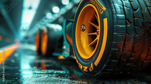 A close-up shot of the wheels of a yellow racing car traveling at high speed on a race track with the stands blurred in the background. Generative AI.