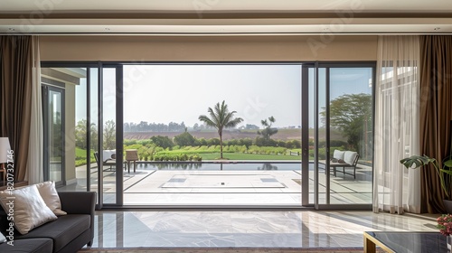 A drawing room with a wall of sliding glass doors that seamlessly connect to an outdoor terrace