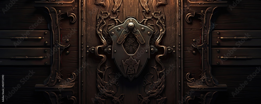 An intricately designed antique lock on a wooden door, showcasing elaborate metalwork and dark, rustic wood texture.. An intricately designed antique lock on a wooden door, showcasing elaborate metalwork and dark, rustic wood texture..
