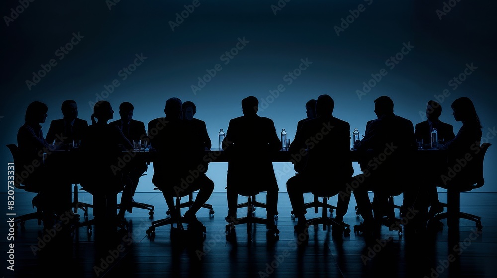 Silent corporate meeting, depicted in striking silhouettes against a black backdrop, highlighting the gravity and focus of the discussion Silent corporate meeting, depicted in striking silhouettes against a black backdrop, highlighting the gravity and focus of the discussion