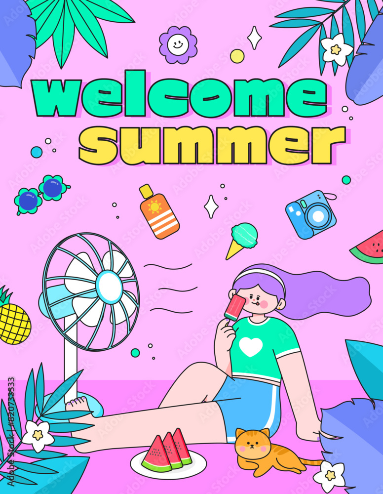 Fototapeta premium Summer Illustration with a Cute Girl