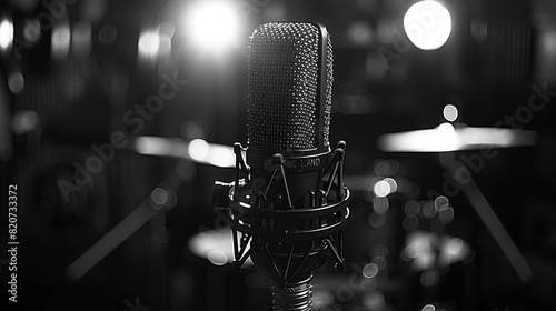 Close-up studio shot of a black microphone and pop shield on a microphone in a recording studio. Music  broadcast  singing  recording  entertainment and communication concepts