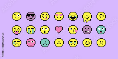 Colorful and various smile characters. Emoticon pack. Cute faces. 8-bit retro style vector illustration. Pixel art style icons set