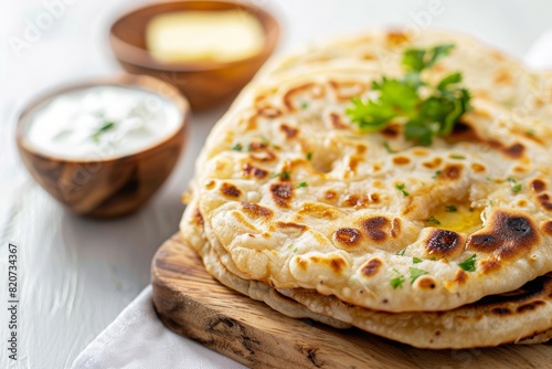 closeup of indian flatbread stuffed with potatoes, aloo paratha served with butter or curd, Indian cuisine, copy, space, white background, Stuffed bread, Homemade, white background, selective focus