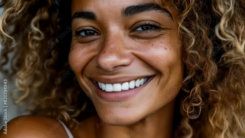 A woman with curly hair is smiling and has her teeth showing. She has a light skin tone and is wearing a white tank top A woman with curly hair is smiling and has her teeth showing. She has a light skin tone and is wearing a white tank top