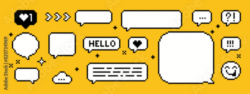 Set of empty pixel art speech bubbles. Chat or pixel dialogue box. 8-bit retro style vector illustration