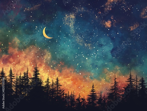A crescent moon shines brightly in a vibrant, star-filled night sky above a dark forest silhouette.