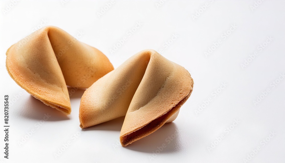 fortune cookies from Chinese take out restaurant. A crisp and sugary cookie wafer made from flour, sugar, vanilla, and sesame seed oil with a piece of paper inside that tells the future. on white fortune cookies from Chinese take out restaurant. A crisp and sugary cookie wafer made from flour, sugar, vanilla, and sesame seed oil with a piece of paper inside that tells the future. on white