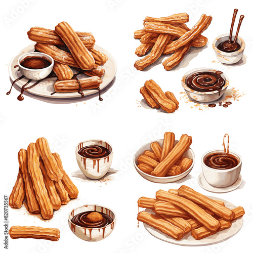 illustrations of churros on a plate with chocolate