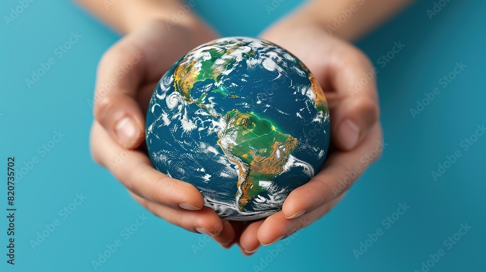 A human hand cradle a globe on a light blue nature background. As a symbol of care and concern for our only earth A human hand cradle a globe on a light blue nature background. As a symbol of care and concern for our only earth