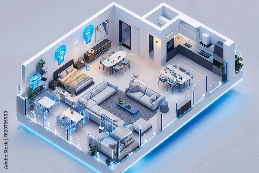 In a clean and futuristic smart home interior, AI-augmented reality interfaces are seamlessly integrated, managing various home components. The isometric view and minimal color scheme offer a In a clean and futuristic smart home interior, AI-augmented reality interfaces are seamlessly integrated, managing various home components. The isometric view and minimal color scheme offer a