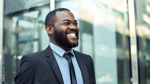 Confident African American businessman smiling brightly outdoors in a modern urban setting, showcasing success and positive energy.