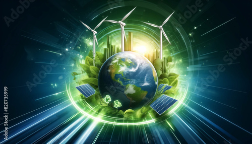 Showcasing a green planet with ample copy space, the composition is dynamic and dramatic. The digital illustration of Earth features green energy elements such as wind turbines and solar panels.