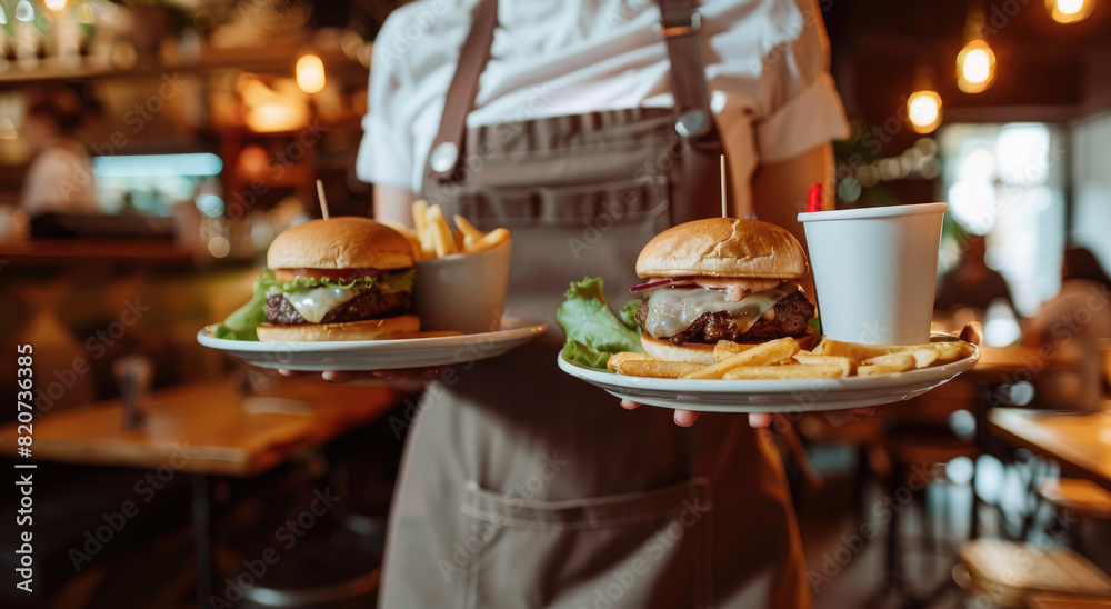 Close up of waitress holding tray with burger and fries in restaurant, closeup on the plate