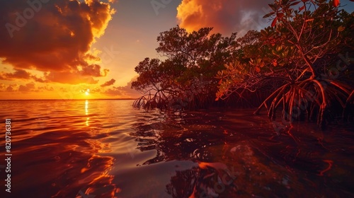 Serene red mangroves at sunset  the sky painted in warm oranges and pinks  their roots extending into the water