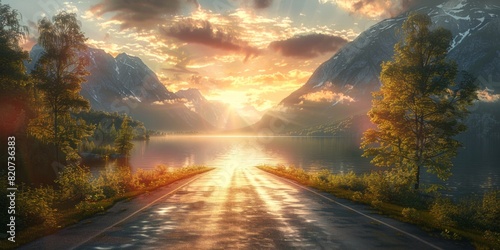 Lake and road at sunset illustration