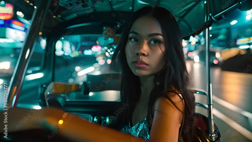 Woman in Tuk-Tuk at Night Cityscape with Ai generated.
Woman in Tuk-Tuk at Night Cityscape with Ai generated.