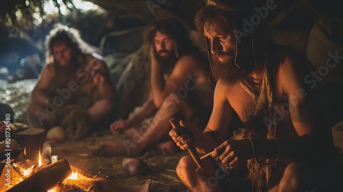 Prehistoric Cavemen by Fire in Cave, Seeking Warmth and Survival in Ancient Times with Primitive Tools and Technology