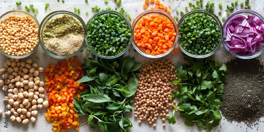 Fototapeta premium Wholesome ingredients for plant-based spring recipes. illustration