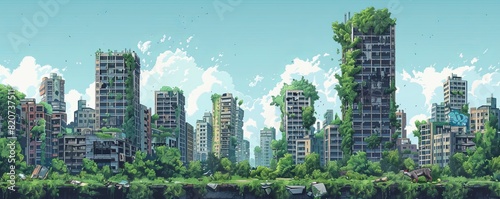 A post-apocalyptic cityscape reclaimed by nature, with crumbling skyscrapers and overgrown streets now home to wildlife and vegetation. illustration.
