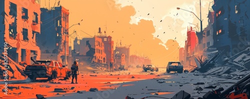 A post-apocalyptic cityscape where the ruins of human civilization lie buried beneath layers of ash and dust, with crumbling buildings and rusted cars lining the streets, with scavengers picking