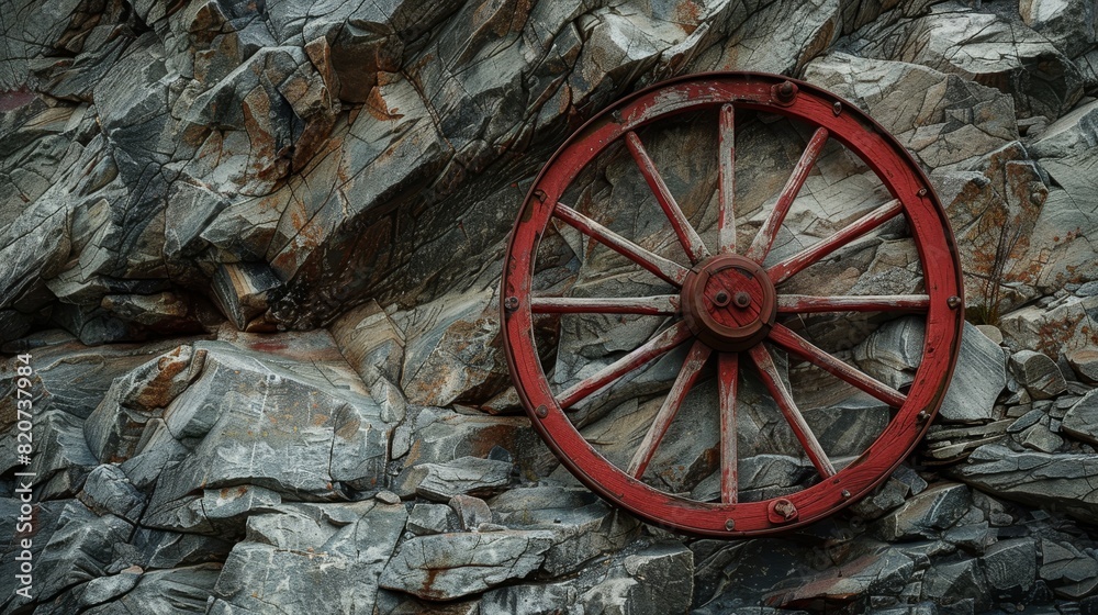 Obraz premium Red vintage wagon wheel mounted on a rugged rocky wall, weathered texture adding historical charm
