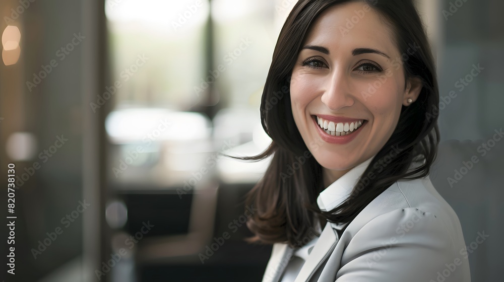 Confident professional woman in a grey blazer, smiling warmly while seated in a modern office setting with blurred background. Confident professional woman in a grey blazer, smiling warmly while seated in a modern office setting with blurred background.