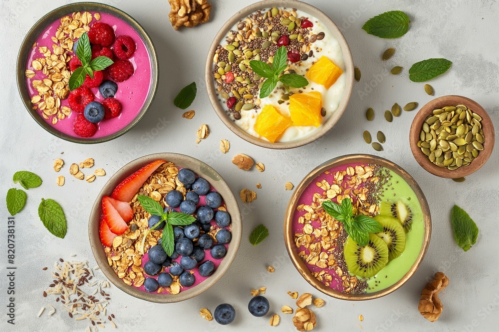 Top View of Probiotic-Rich Smoothie Bowls with Fresh Fruits and Granola